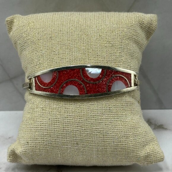 Vintage Alpaca Silver Hinged Bracelet Red Inlay Mother of Pearl Cuff 7" - Picture 2 of 12